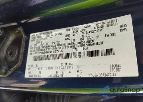 2016 Ford F-150 Limited from USA, damaged, VIN 1FTEW1EG6GFB27455